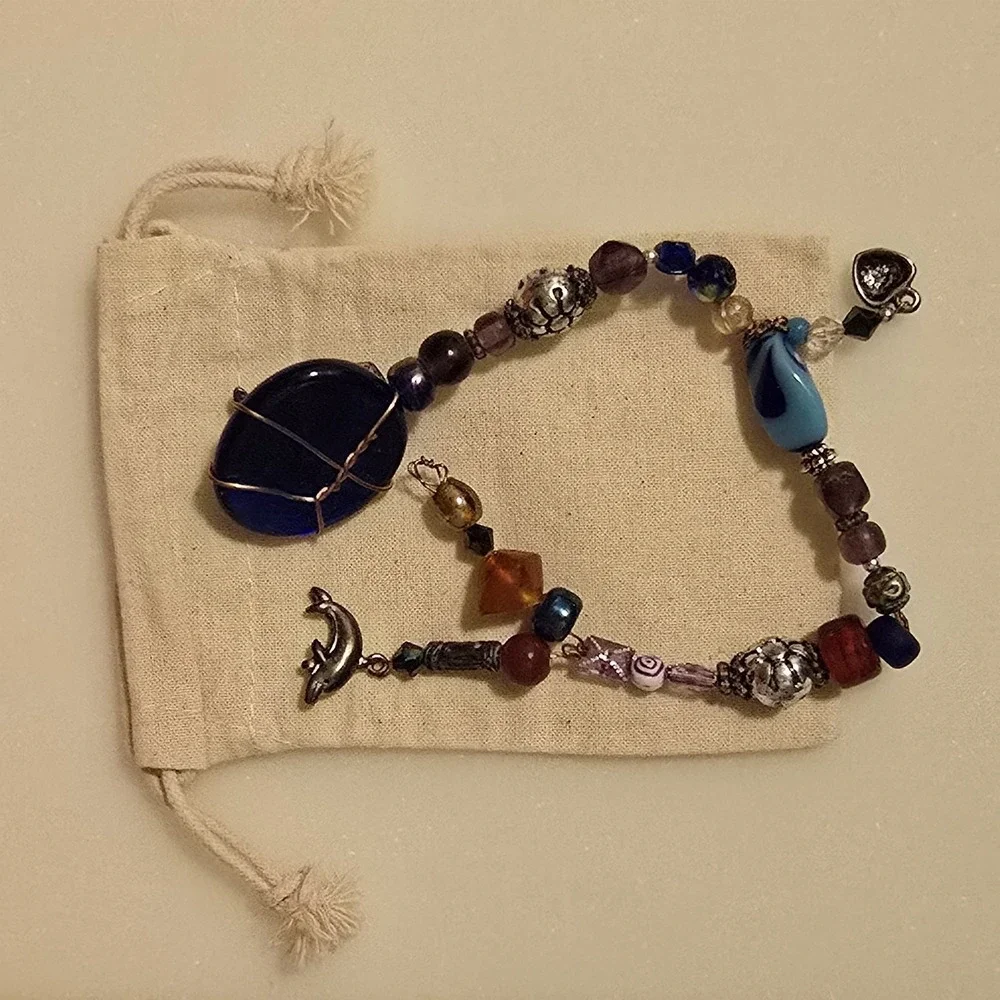VTG Hand Wired Copper Glass Metal Beaded Stones Charm Bracelet Womens 9.5